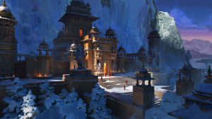 暮色天空下，被雪覆蓋的古老寺廟建築群，窗戶閃爍著光芒。 — 丘陵景觀 壁紙