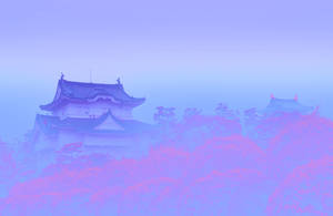 在紫色和粉紅色的天空下，一座被迷霧籠罩的日本城堡。 — 日式藝術 壁紙