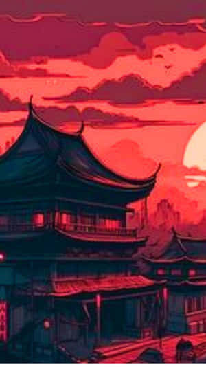 傳統亞洲寶塔在日落時分，天空泛紅，雲彩發光 — 手機 壁紙