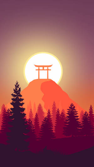 日落時山頂上的鳥居與松樹 — 山景 壁紙