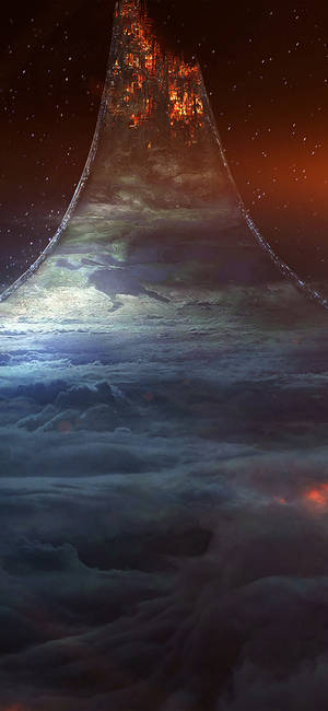 在繁星點點的夜空下，一座發光的宇宙塔從雲層中升起。 — Galaxy A07s 壁紙