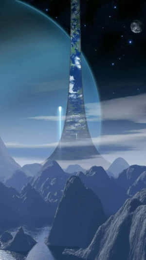 一座高聳的巨石柱聳立於山脈之上，星空下，背景有行星和月亮。 — 最後一戰： Reach 壁紙