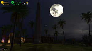 夜間遊戲場景，包含方尖碑、棕櫚樹和滿月。 — 電玩遊戲 GIF 壁紙