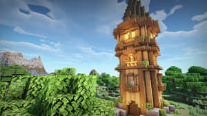 一座高大的木製Minecraft塔樓房屋，位於綠色森林中，帶有發光的窗戶。 — 城堡動畫 壁紙