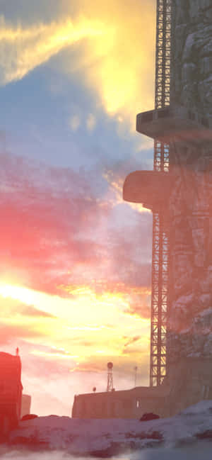 未來主義塔樓映襯著色彩繽紛的日落天空和雲朵。 — 電玩遊戲 GIF 壁紙