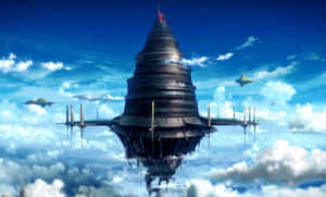 一座巨大的浮空要塞懸浮在佈滿雲朵的明亮藍天中。 — 動漫臥室 壁紙
