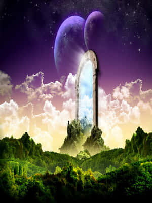 森林山谷中的石拱門，露出有兩顆紫色月亮和星星的天空。 — 美學動漫手機 壁紙