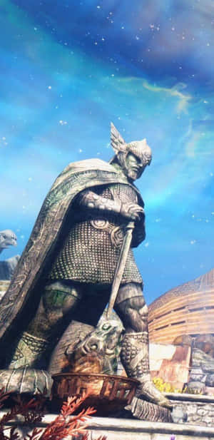 一座巨大的裝甲戰士雕像，帶有翅膀，在星空下握劍。 — 電玩遊戲 GIF 壁紙