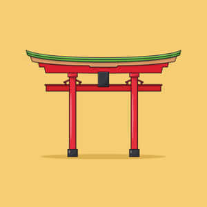 芥末黃色背景上的紅色日本鳥居，帶有綠色屋頂。 — iPad Pro 11 壁紙