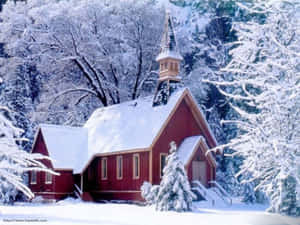 被雪覆蓋的紅色木造教堂，周圍是冬日積雪的樹木。 — 冬季風景 壁紙