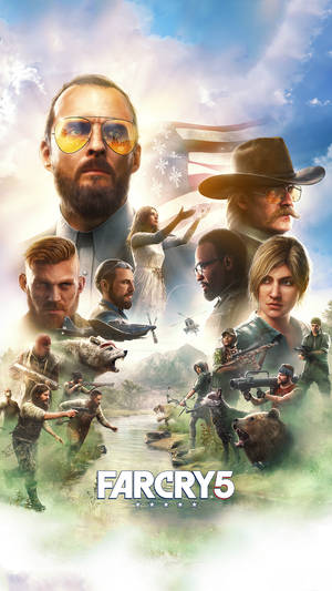 Far Cry 5 遊戲海報，在森林場景中展示角色、熊、直升機和旗幟。 — 極地戰嚎5 壁紙