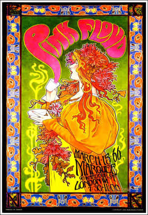 Pink Floyd 演唱會海報，女性呼出粉紅色煙霧，周圍環繞花朵 — 80年代美學 壁紙