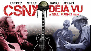 CSNY Deja Vu演唱會海報，包含樂隊成員及吉他頭盔圖案。 — 音樂 壁紙
