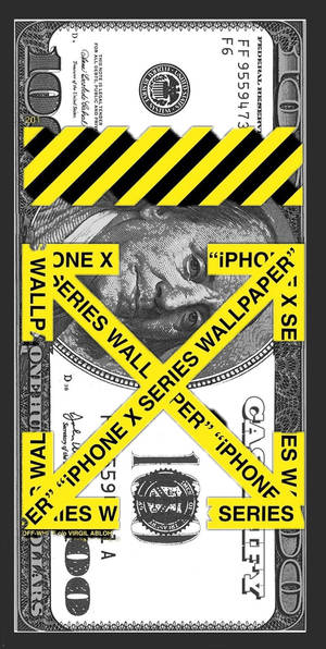 一百美元鈔票被黃色警告膠帶和 iPhone X Series 桌布文字覆蓋。 — Off white 標誌 壁紙