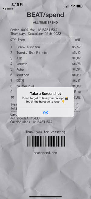 皺巴巴的收據，顯示音樂藝術家購買記錄和螢幕截圖提示。 — Pixel 11 Pro 壁紙