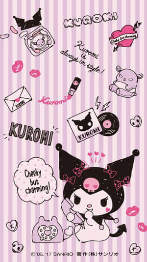 Kuromi 卡通角色被心形和塗鴉環繞在粉紅色條紋背景上。 — 黑川伊佐那 壁紙