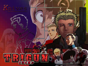 Trigun 動漫角色手持槍械，背景為紅色和紫色漸變。 — 槍神 壁紙