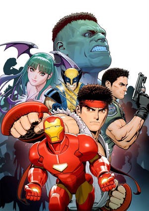 一組動漫超級英雄，包括 Iron Man、Hulk 和 Wolverine，擺出動作姿勢。 — 卡普空 壁紙