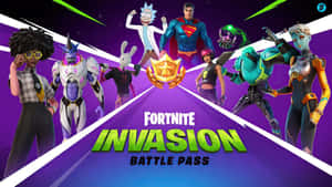 Fortnite Invasion Battle Pass  featuring Rick Sanchez Superman 及其他角色以動態姿勢呈現。 — 要塞英雄 大逃殺 壁紙