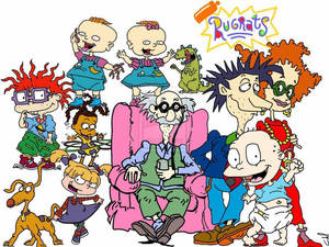 Rugrats 卡通角色，包括 Tommy、Chuckie、Angelica 和他們的父母，以及一個恐龍玩具。 — 可愛卡通 壁紙