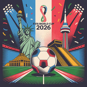 FIFA世界盃2026海報，足球和地標在五彩紙屑和聚光燈下 — FIFA 世界盃 壁紙