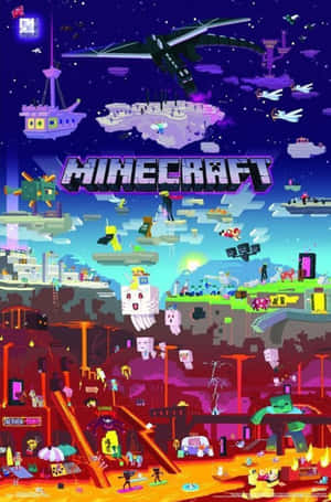 Minecraft遊戲海報，包含浮空島嶼、角色和一條龍，置身於色彩繽紛的像素藝術世界。 — 榮耀MagicPad 3 Pro 12.3 壁紙