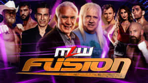 一群職業摔角手在發光的紫色背景下為MLW Fusion活動擺姿勢。 — 摔角 壁紙