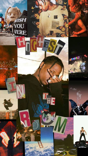 Travis Scott拼貼畫，包含演唱會場景、蝴蝶圖形和粗體文字疊加。 — 美學 Roblox 壁紙