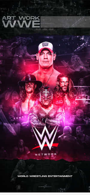 WWE摔角手在發光的紫色和粉紅色宣傳拼貼中。 — iPhone 18 壁紙