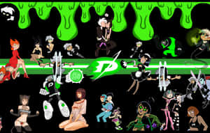 Danny Phantom 角色以動作姿勢呈現，搭配綠色黏液和標誌，背景為黑色。 — 動漫 壁紙