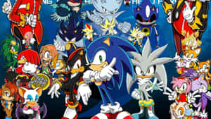 Sonic the Hedgehog 和朋友們在深藍色背景上擺出動態的動漫姿勢。 — 音速小子 壁紙