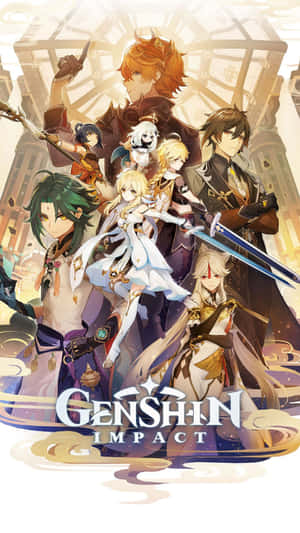 來自 Genshin Impact 的七個動漫角色英勇地站在發光的城市景觀前。 — 原神 壁紙