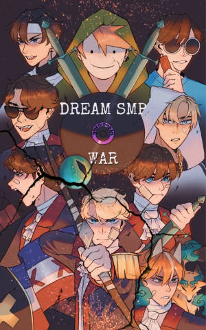 動漫角色持劍圍繞一張標有 Dream SMP War 的破裂唱片。 — 夢核 壁紙