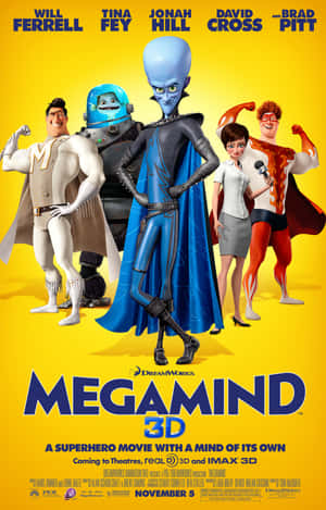 《Megamind》電影海報， featuring 五個動畫超級英雄角色。 — Galaxy Tab 壁紙