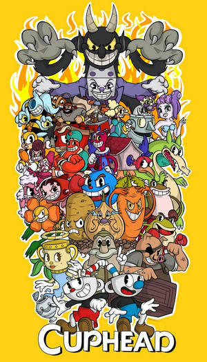 Cuphead 和他色彩繽紛的遊戲角色陣容，以動態卡通插圖呈現。 — 茶杯頭 壁紙
