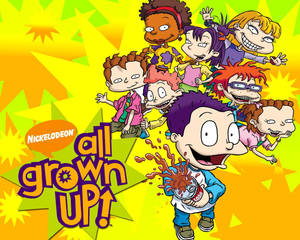 Rugrats 角色以成人形象出現在色彩繽紛的卡通海報中，帶有「All Grown Up!」文字。 — 卡通 壁紙