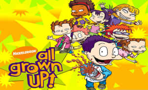 在色彩繽紛的卡通海報中，為《All Grown Up》呈現長大後的 Rugrats 角色。 — 玩具總動員4 壁紙
