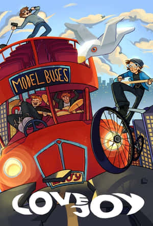 卡通城市中，一輛紅色雙層巴士和腳踏車與人們在一起。 — 喜悅 壁紙