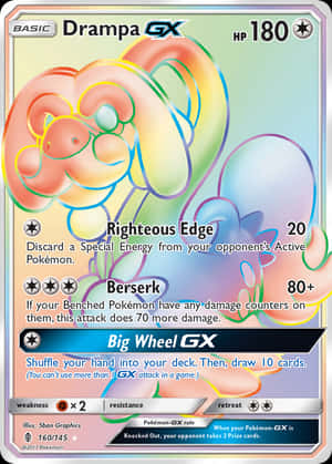 Drampa GX 的寶可夢卡，帶有彩虹漩渦和遊戲文字。 — 動漫 壁紙