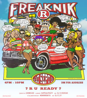 Freaknik 派對海報，紅色汽車內有卡通人物和對話氣泡。 — 小米 Mix Fold 4 壁紙