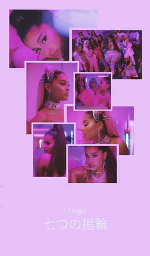 一張Ariana Grande在粉紅色主題音樂錄影帶場景中的拼貼畫，帶有日文字。 — Tecno Megapad Pro 壁紙