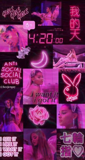 粉紅色霓虹拼貼畫， featuring Ariana Grande、文字和流行文化符號。