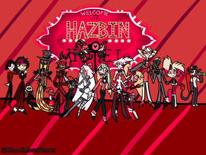 Hazbin Hotel 動畫角色在紅色招牌前擺姿勢。 — 地獄客棧 壁紙