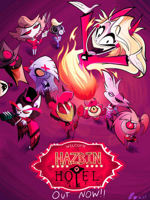 Hazbin Hotel 動畫角色在火熱的紫色宣傳海報中。 — 地獄客棧 壁紙