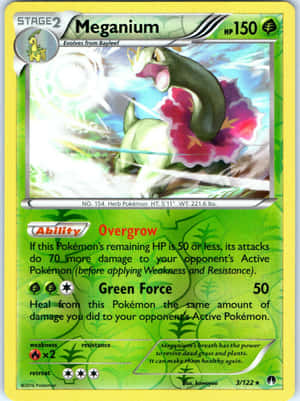 Meganium 寶可夢卡，附有數據和能力詳情。 — 任天堂 GIF 壁紙