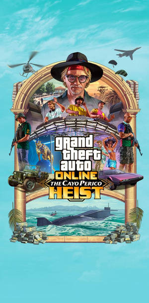 《俠盜獵車手Online》佩里克島搶劫遊戲海報，包含角色、車輛和潛艇。 — 俠盜獵車手V 壁紙