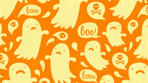 萬聖節圖案，橙色背景上有鬼魂和骷髏頭說 boo — 十月 壁紙