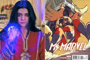 一位散發藍色能量的女性旁邊是Ms Marvel漫畫封面。 — 漫威標誌 壁紙