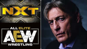 WWE NXT和AEW摔角標誌，搭配一個穿著西裝的嚴肅男人。 — 摔角 壁紙