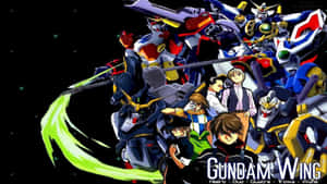 Gundam Wing動漫角色和機動戰士在太空中發出綠色能量爆炸。 — 遊戲王 壁紙